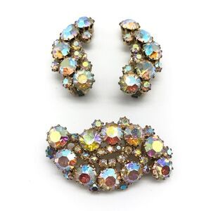 Karu Arke Inc Signed Vintage AB Rhinestone Brooch Pin Clip On Earrings Set